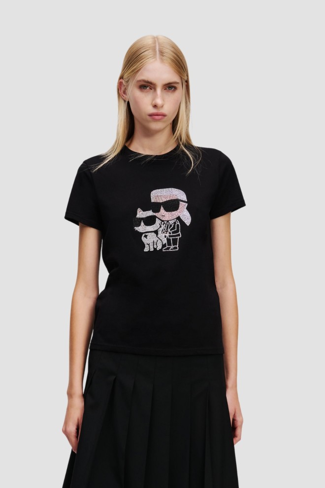KARL LAGERFELD Сzarny damski t-shirt z cyrkoniami Ikon Duo, Rozmiar L