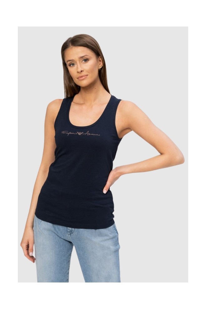 EMPORIO ARMANI Granatowy top z logo z kryształkami