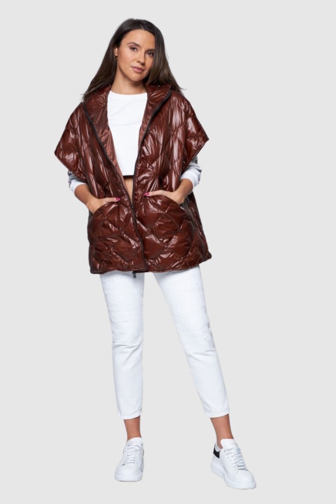 HETREGO Brązowy damski puchowy bezrękawnik Ginger z kapturem, Rozmiar M