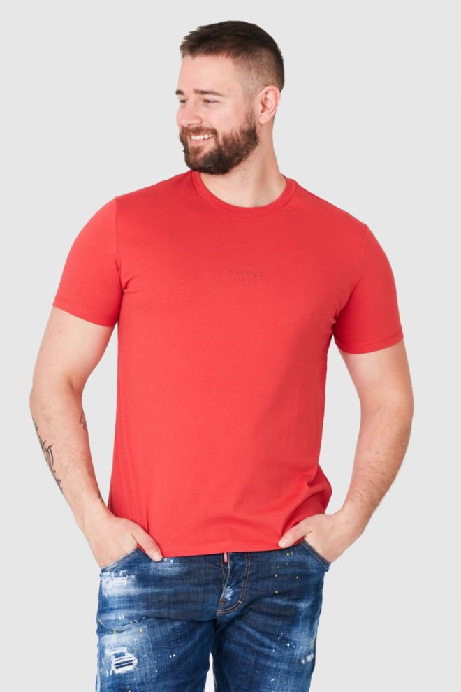 GUESS Czerwony t-shirt męski z aplikacją z logo, Rozmiar S