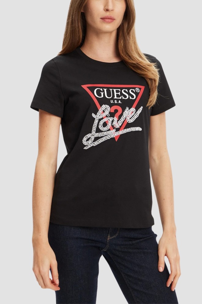 GUESS Czarny damski t-shirt Pearls Love, Rozmiar XS