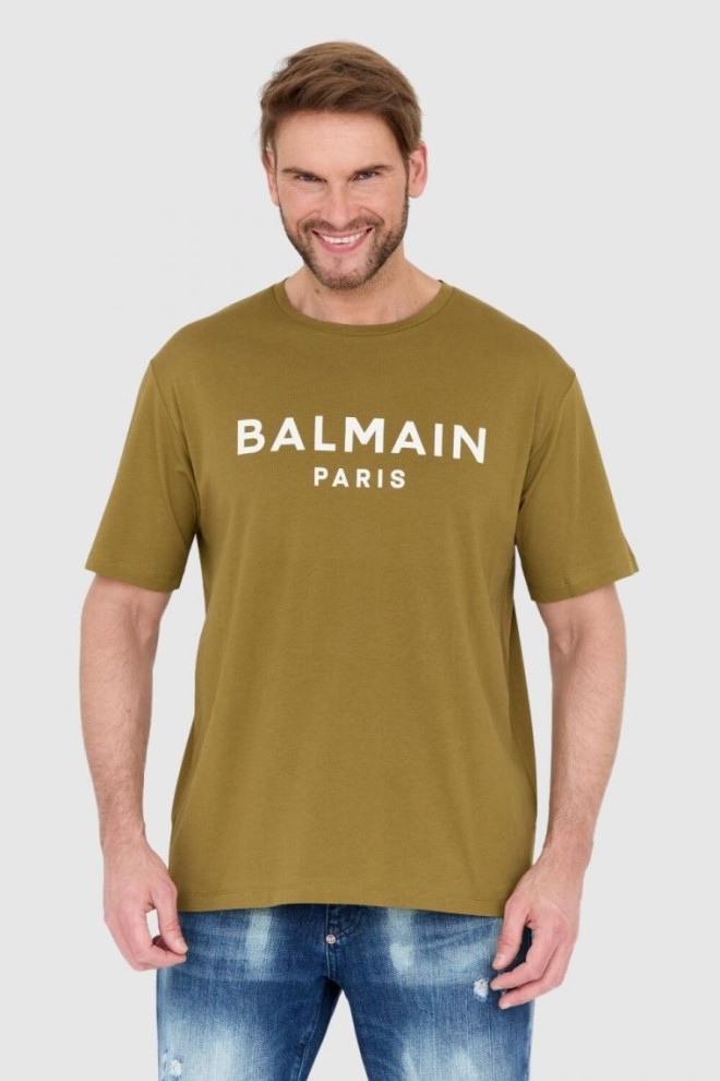 BALMAIN Zielony t-shirt męski z drukowanym białym logo, Rozmiar M
