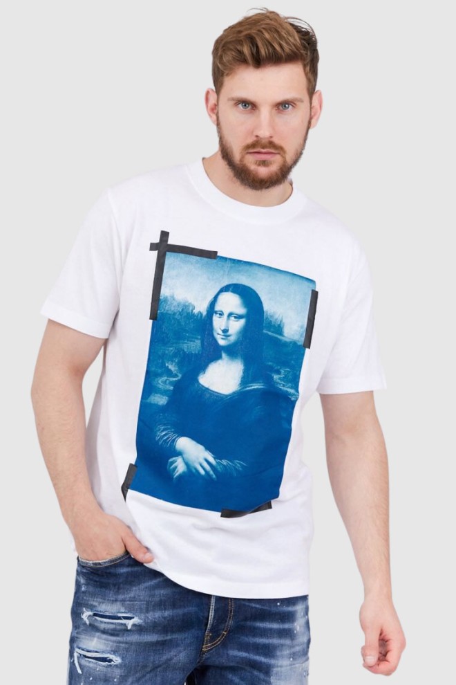OFF-WHITE Biały t-shirt męski z nadrukiem mona lisy, Rozmiar S
