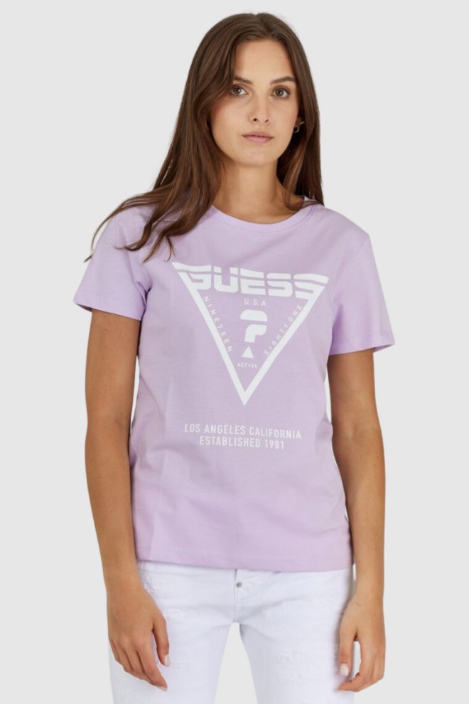GUESS Fioletowy t-shirt damski z białym logo, Rozmiar S
