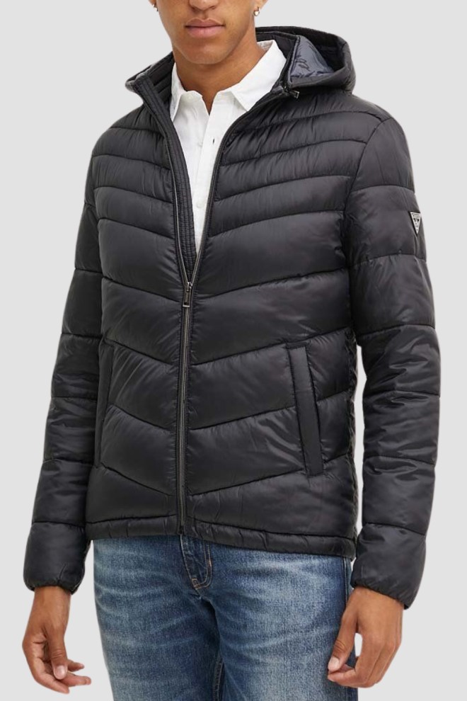 GUESS Czarna męska kurtka z kapturem Super Light Puffa Jacket, Rozmiar XXL