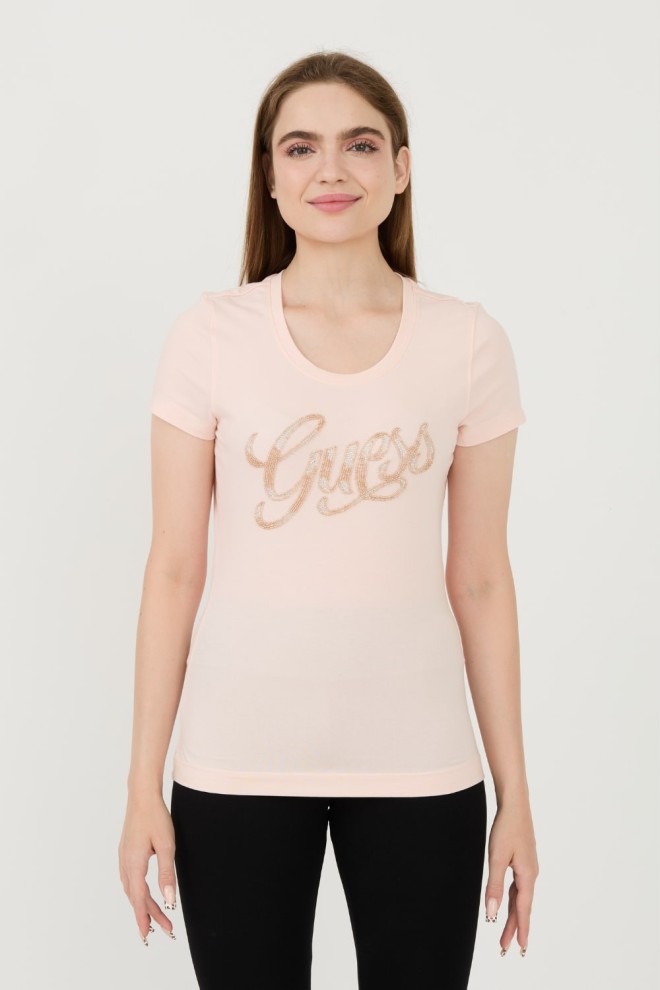 GUESS Różowy damski t-shirt Script, Rozmiar L