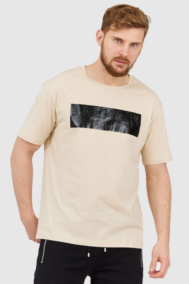 BALMAIN Beżowy t-shirt męski z aplikacją z logo, Rozmiar XL