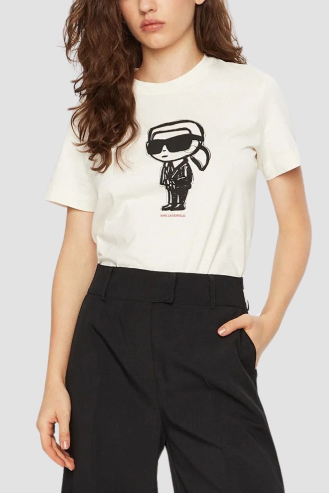 KARL LAGERFELD Beżowy damski t-shirt Ikon Sketch Karl, Rozmiar XS