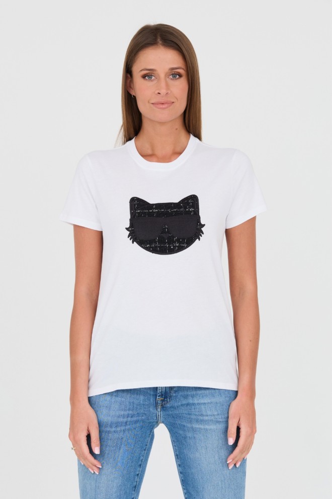 KARL LAGERFELD Biały damski t-shirt Boucle Choupette, Rozmiar S