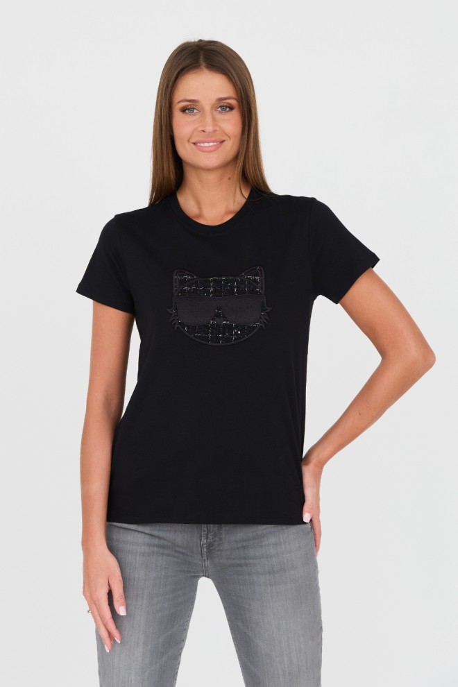 KARL LAGERFELD Czarny damski t-shirt Boucle Choupette, Rozmiar M