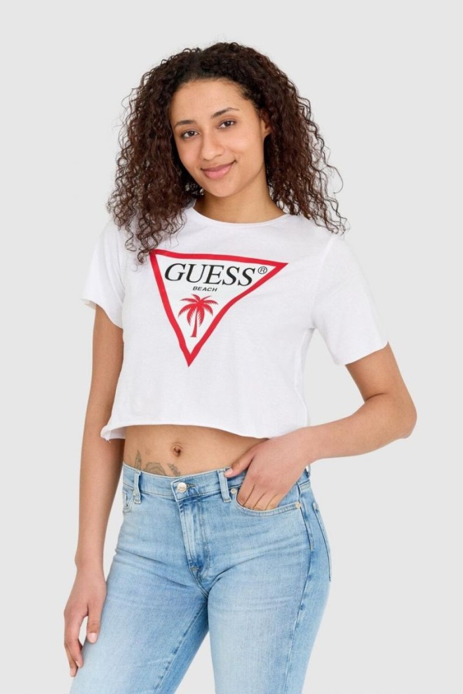 GUESS Biały krótki t-shirt damski bawełniany z surowym wykończeniem boxy fit, Rozmiar XL