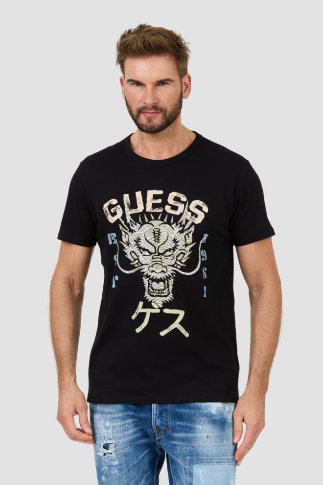 GUESS Czarny męski t-shirt bawełniany Dragon Tee, Rozmiar XXL