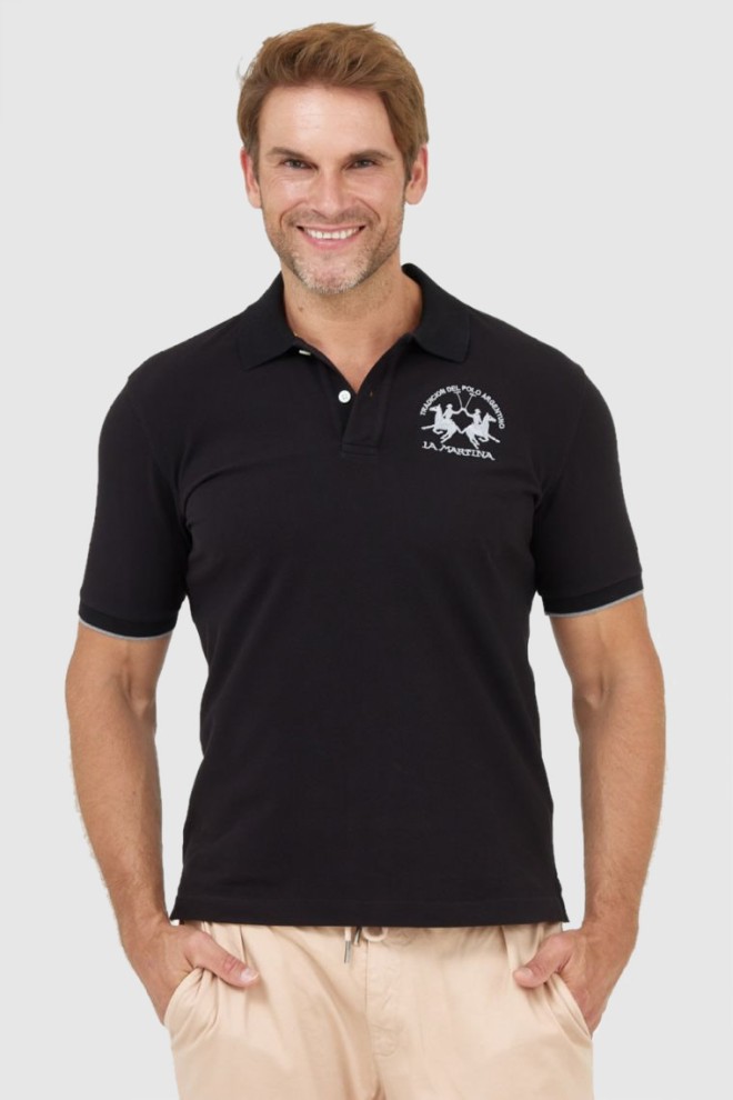 LA MARTINA Czarna męska koszulka polo z wyszywanym logo, Rozmiar M