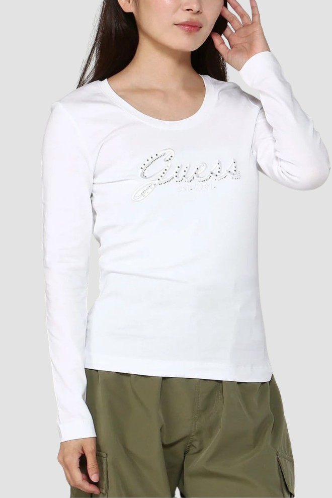 GUESS Biały damski longsleeve Embro Script, Rozmiar M