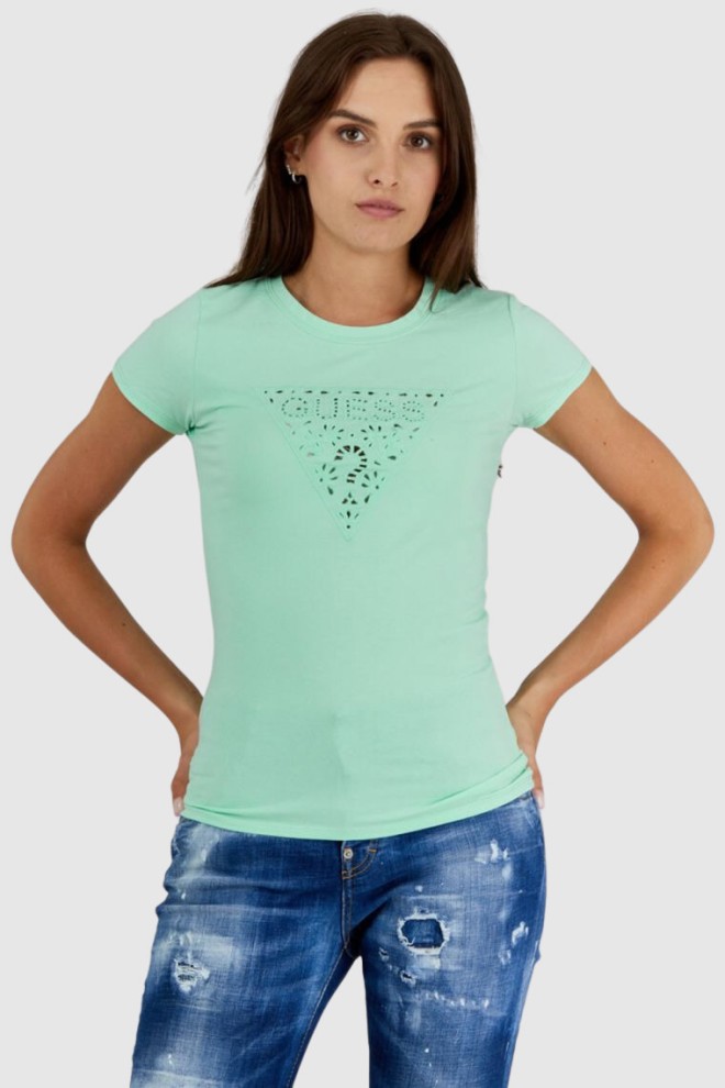 GUESS Zielony t-shirt damski z ażurowym logo, Rozmiar XS