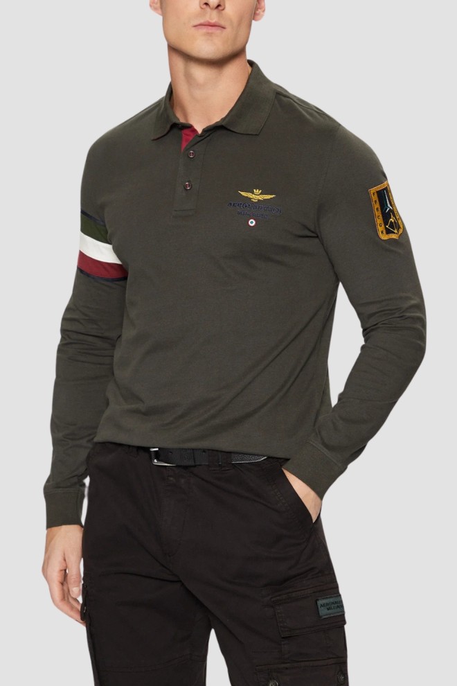 AERONAUTICA MILITARE Szarozielony męski longsleeve polo Tricolor, Rozmiar M