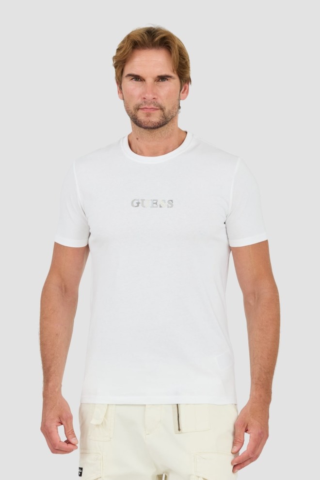 GUESS Biały męski t-shirt bawełniany z haftowanym logo, Rozmiar XXL