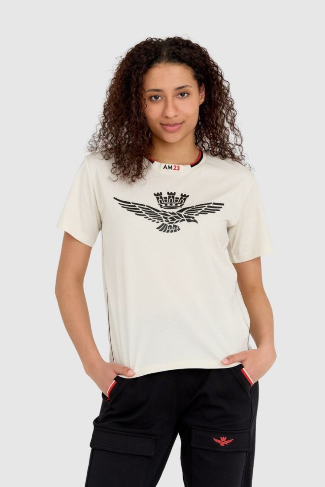 AERONAUTICA MILITARE Kremowy bawełniany luźny t-shirt damski z wypukłym orłem Comfort Fit, Rozmiar XS