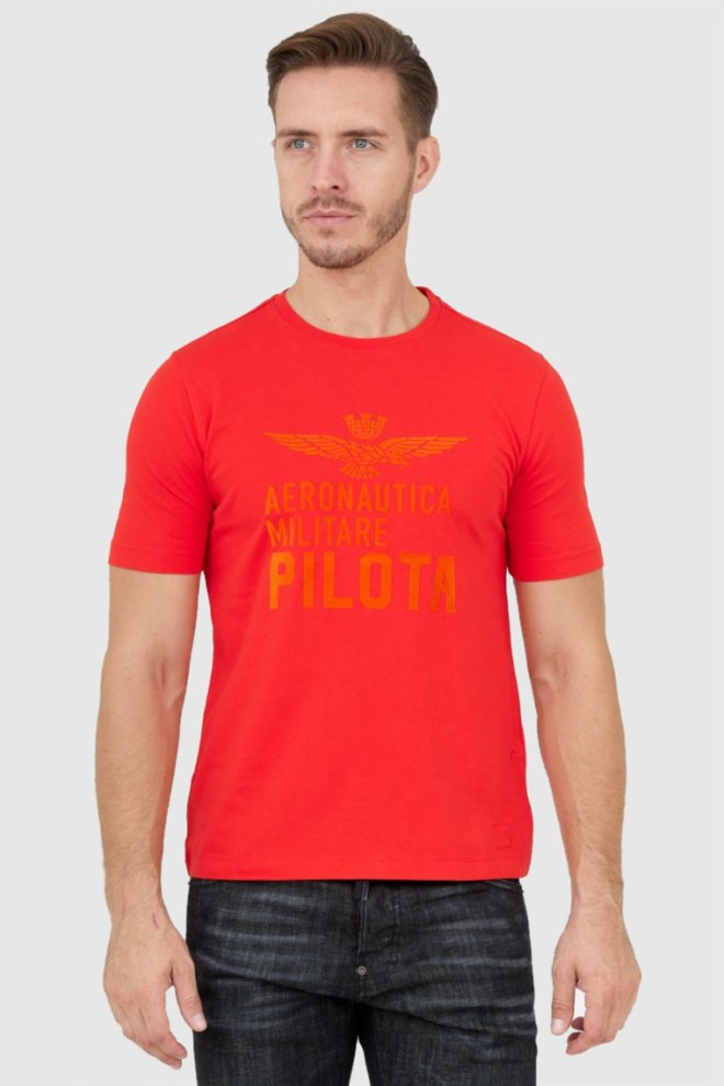 AERONAUTICA MILITARE Pomarańczowy bawełniny t-shirt męski z aksamitnym logo, Rozmiar M