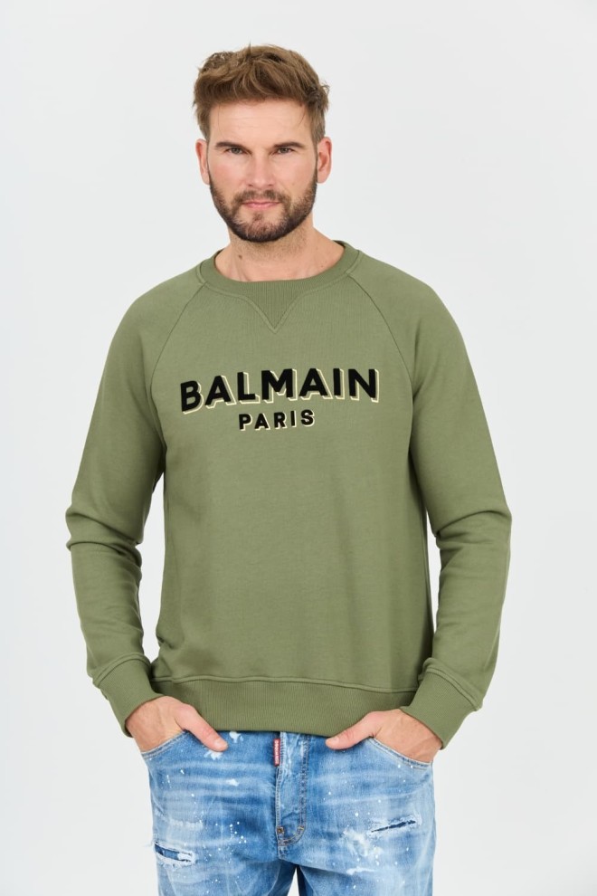 BALMAIN Zielona męska bluza Flock&foil Sweatshirt, Rozmiar L