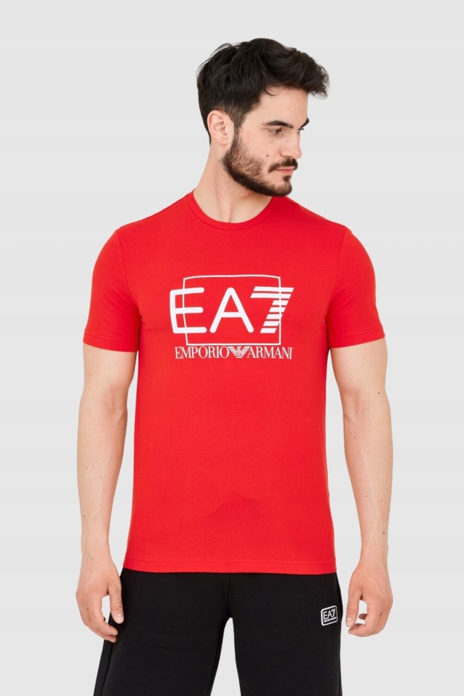 EA7 Czerwony męski t-shirt z dużym białym logo, Rozmiar XXL