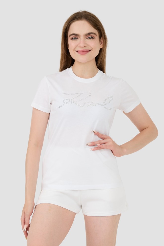 KARL LAGERFELD Biały damski t-shirt Rhinestone Logo, Rozmiar S