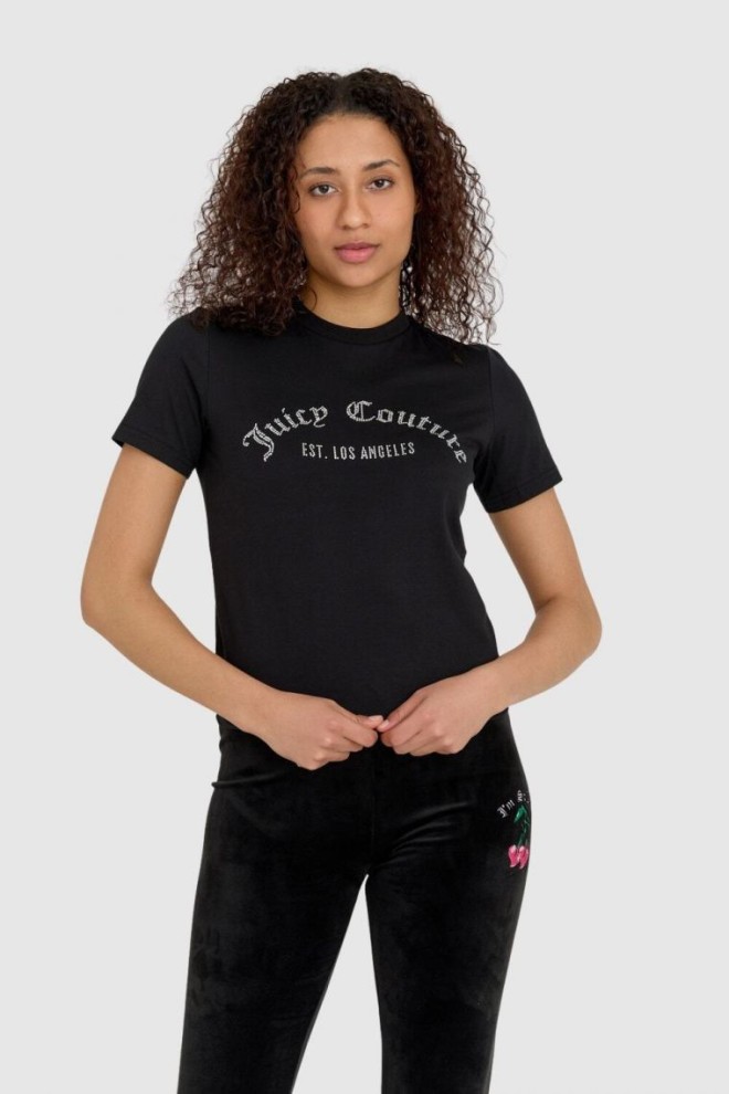 JUICY COUTURE Czarny t-shirt damski z diamentowym logo, Rozmiar M