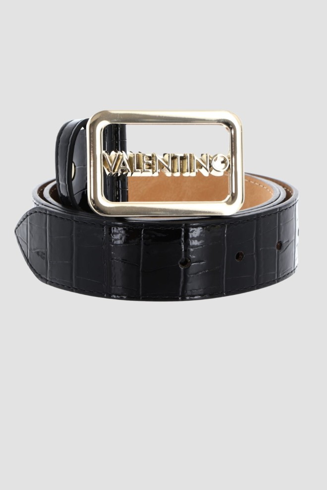 VALENTINO Czarny pasek damski lakierowany Around Plaque Buckle Belt, Rozmiar S