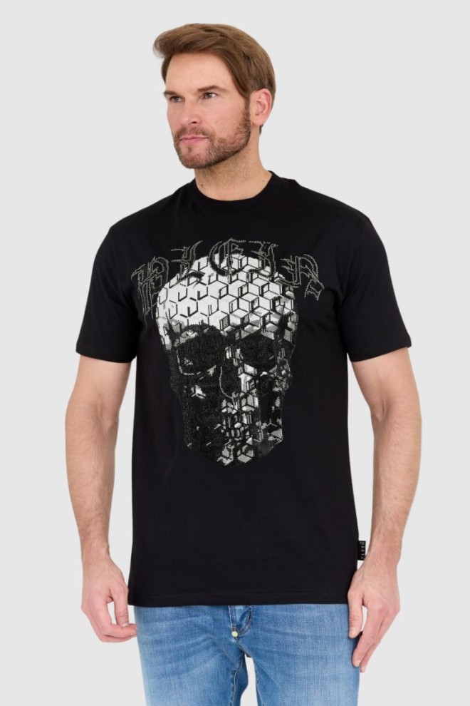 PHILIPP PLEIN Czarny męski t-shirt zdobiony dżetami z czaszką i logo, Rozmiar M