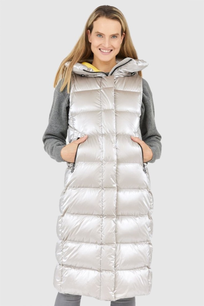 HETREGO Beżowy błyszczący płaszcz damski puchowy z odpinanymi rękawami summer, Rozmiar 36 EU - 40 IT