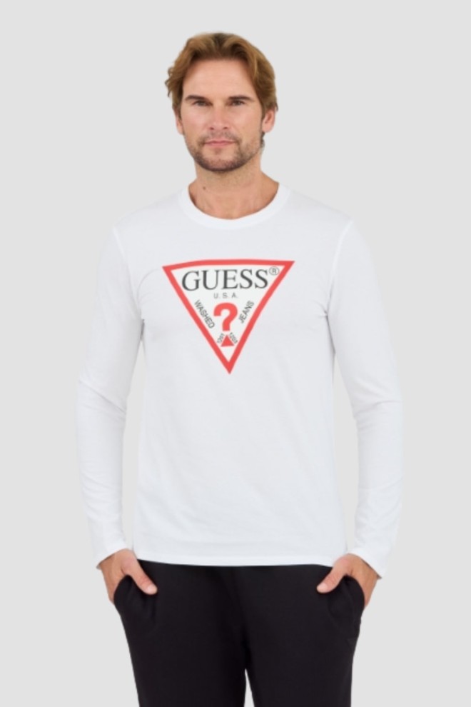 GUESS Biały męski longsleeve Original Logo Tee, Rozmiar L