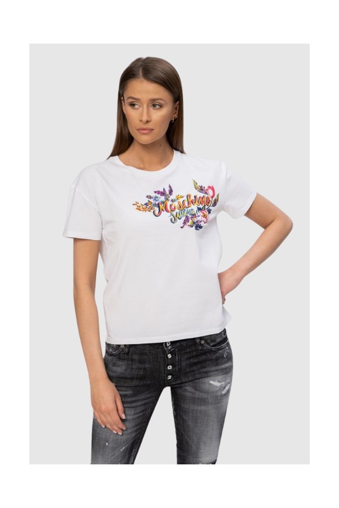 MOSCHINO Biały t-shirt damski z logo i kwiatami, Rozmiar XS