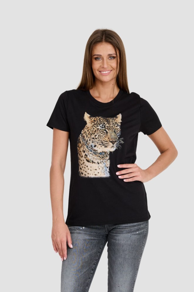 GUESS Czarny damski T-shirt Leopard Jewel Easy Tee, Rozmiar S