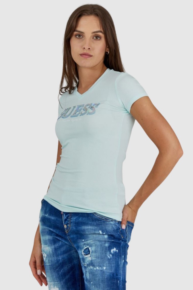 GUESS Błękitny t-shirt damski z metalicznym logo i cyrkoniami, Rozmiar XS