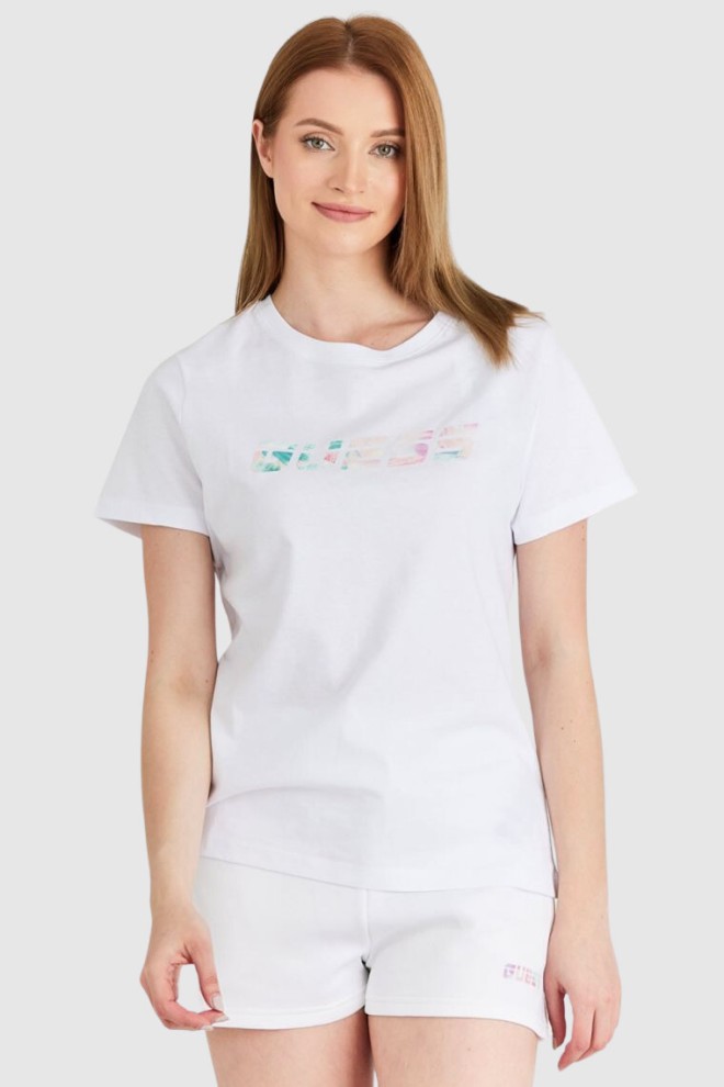 GUESS Biały t-shirt damski bawełniany z kolorowym logo, Rozmiar XS