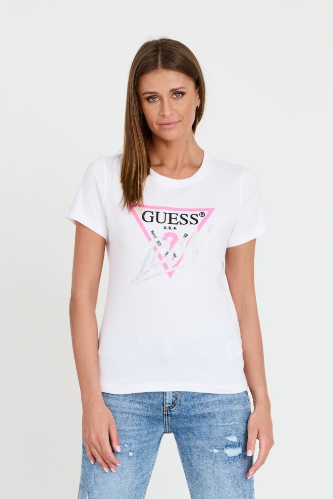 GUESS Biały damski T-shirt bawełniany Icon Tee, Rozmiar S