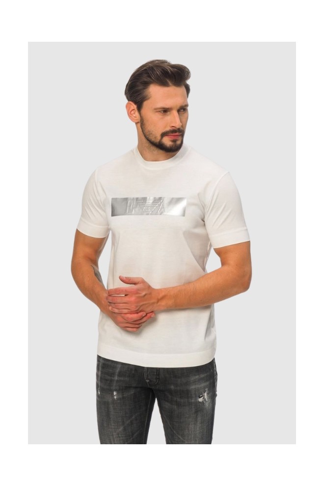 EMPORIO ARMANI Biały t-shirt męski ze srebrnym logo, Rozmiar S