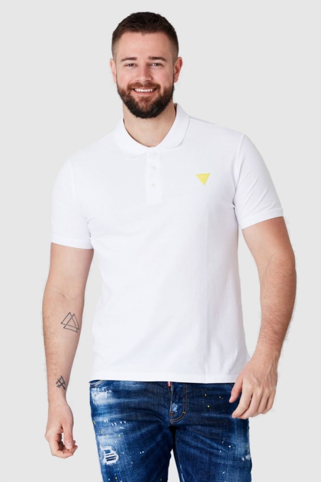 GUESS Biała męska koszulka polo z żółtym logo, Rozmiar L