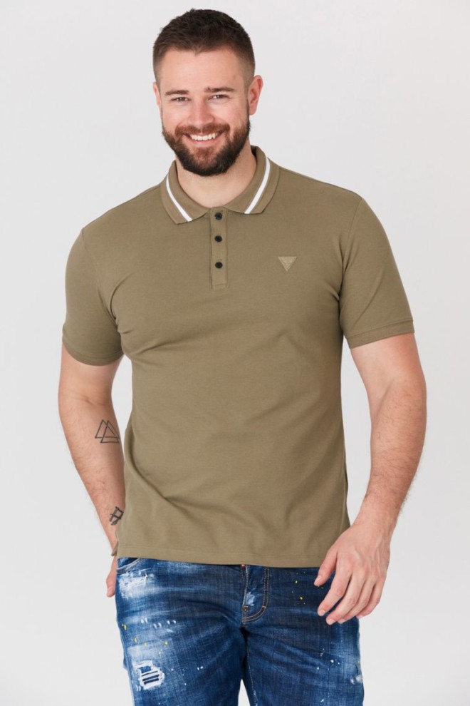 GUESS Khaki męska koszulka polo z paskiem na kołnierzyku, Rozmiar S