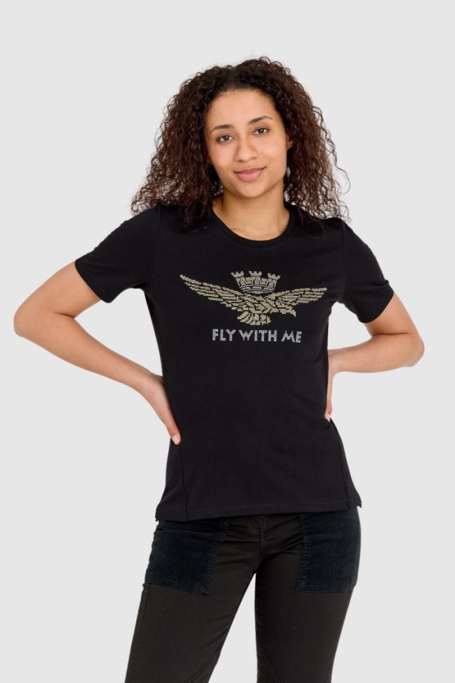 AERONAUTICA MILITARE Czarny bawełniany t-shirt damski z orłem wykonanym z dżetów, Rozmiar S