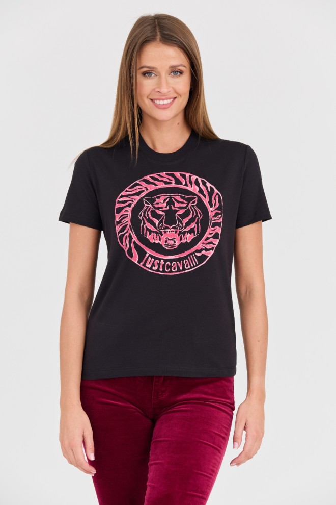 JUST CAVALLI Czarny damski t-shirt R Tiger Round Flock, Rozmiar S