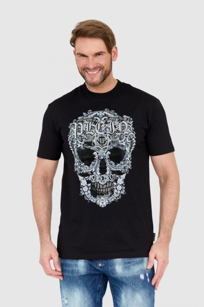 PHILIPP PLEIN Czarny męski t-shirt z czaszką zdobioną dżetami, Rozmiar M
