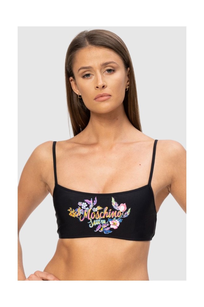 MOSCHINO Czarna góra od bikini z kwiecistym logo, Rozmiar M