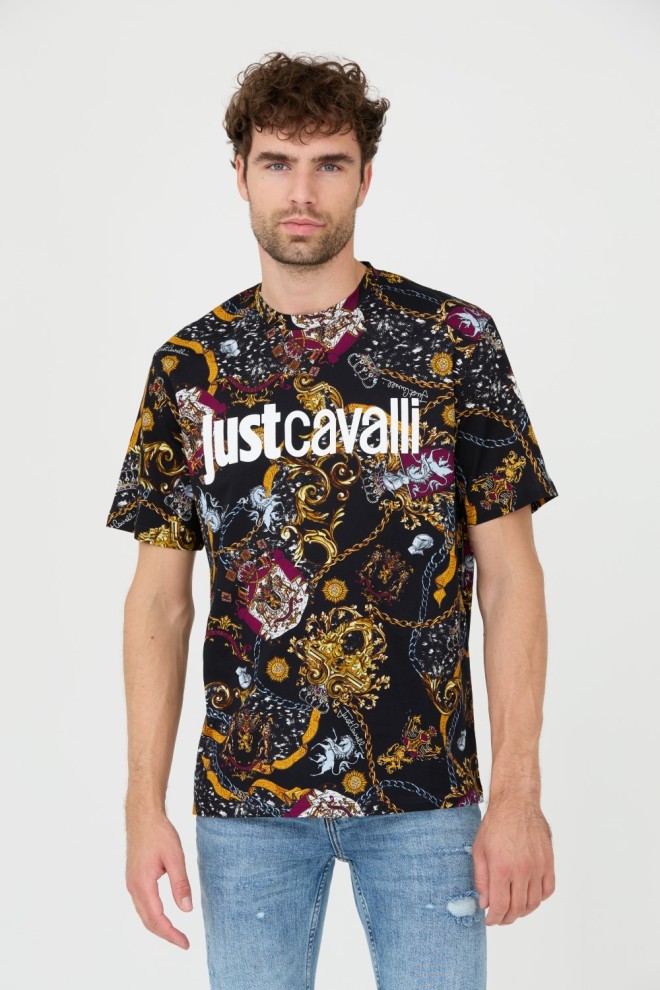 JUST CAVALLI Czarny męski T-shirt R Print Iconic Shields, Rozmiar L