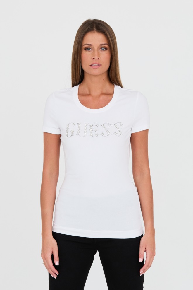 GUESS Biały damski t-shirt bawełniany Stones Logo Tee, Rozmiar M
