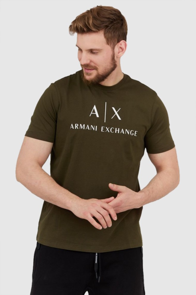ARMANI EXCHANGE Oliwkowy t-shirt męski z białym logo, Rozmiar XL