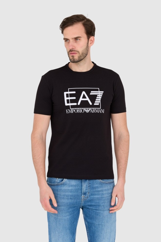 EA7 Czarny męski t-shirt z dużym białym logo, Rozmiar M