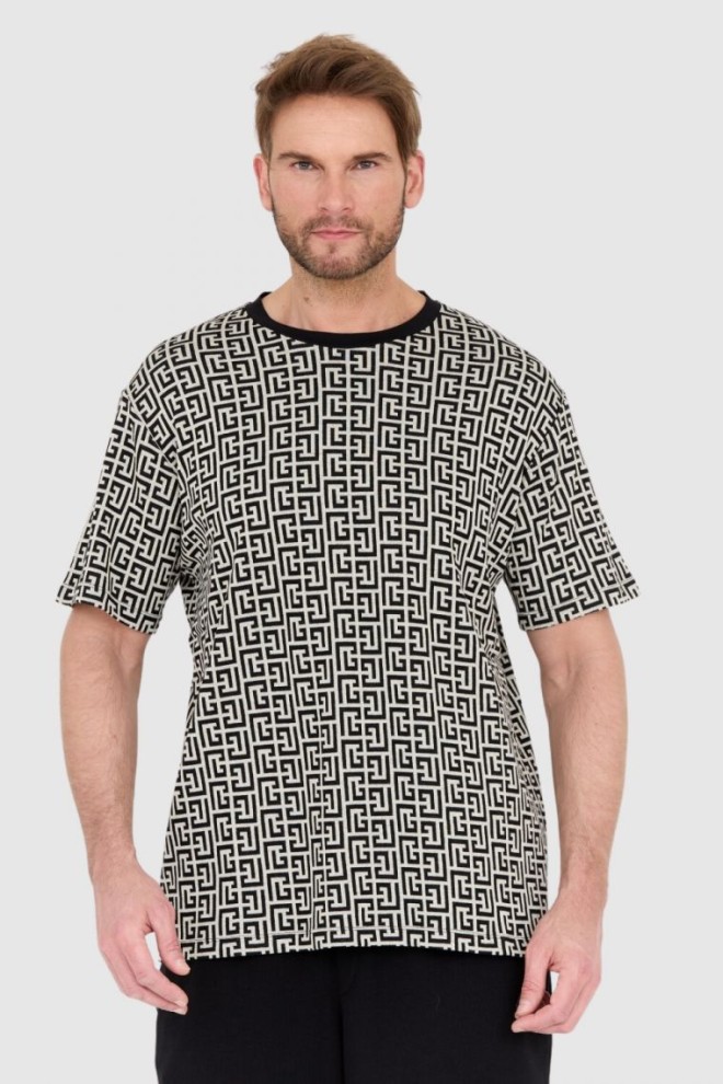 BALMAIN Męski t-shirt w czarno-biały monogram, Rozmiar XL