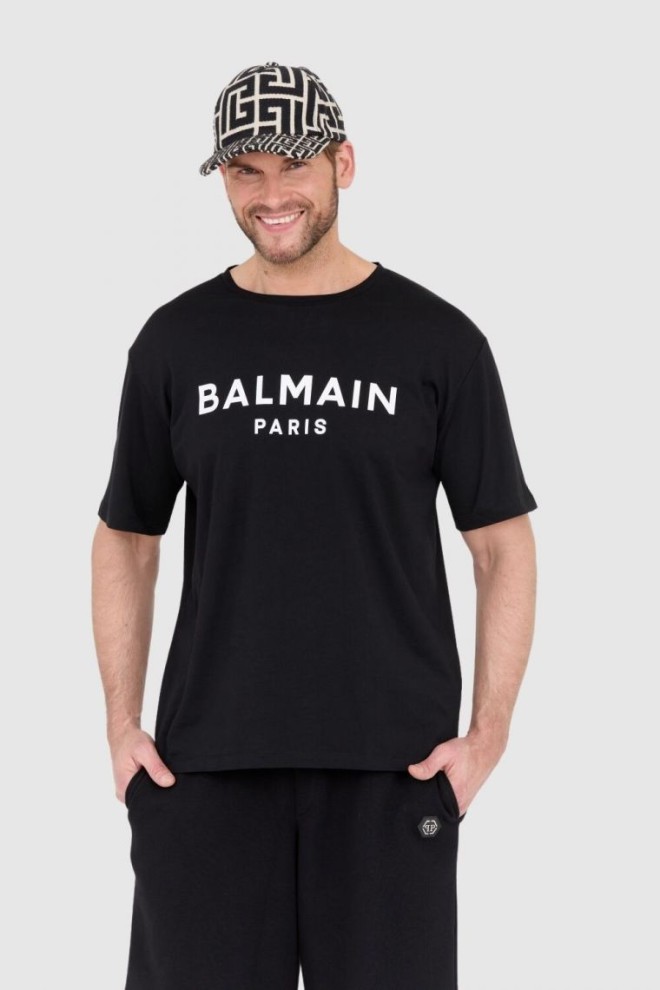 BALMAIN Czarny t-shirt męski z drukowanym białym logo, Rozmiar S