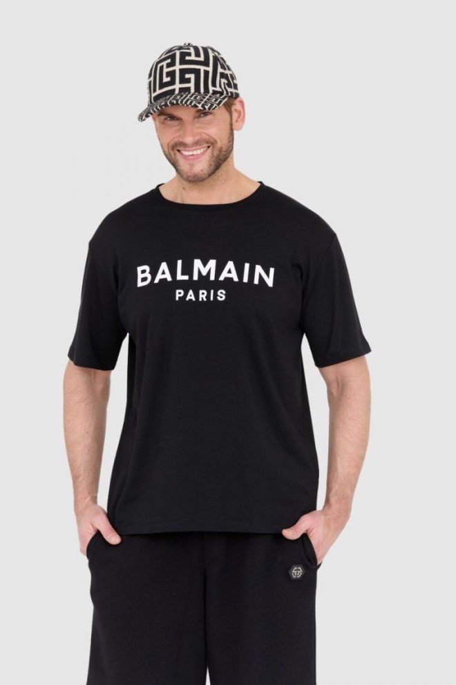 BALMAIN Czarny t-shirt męski z drukowanym białym logo, Rozmiar S